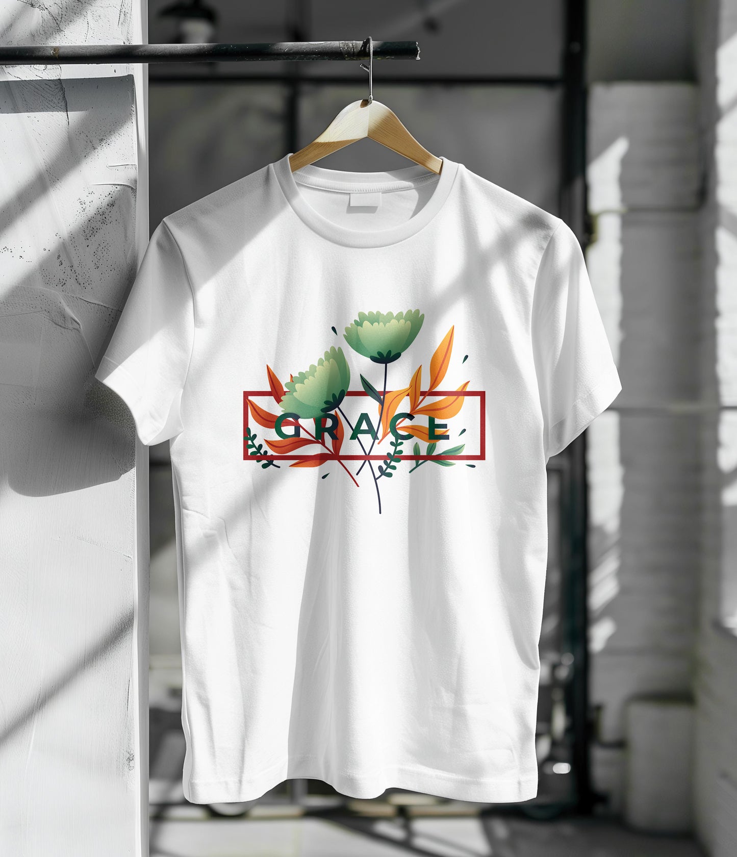 Minimalist spring leaves with grace word Printed White Round Neck Polyester T Shirt for Mens and woman's