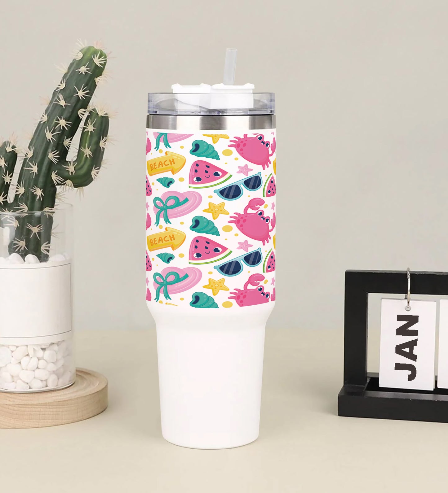 Hand drawn pattern design for summertime Printed 850ML with Lid Leak Proof Big Travel Tumbler with Handle and Straw