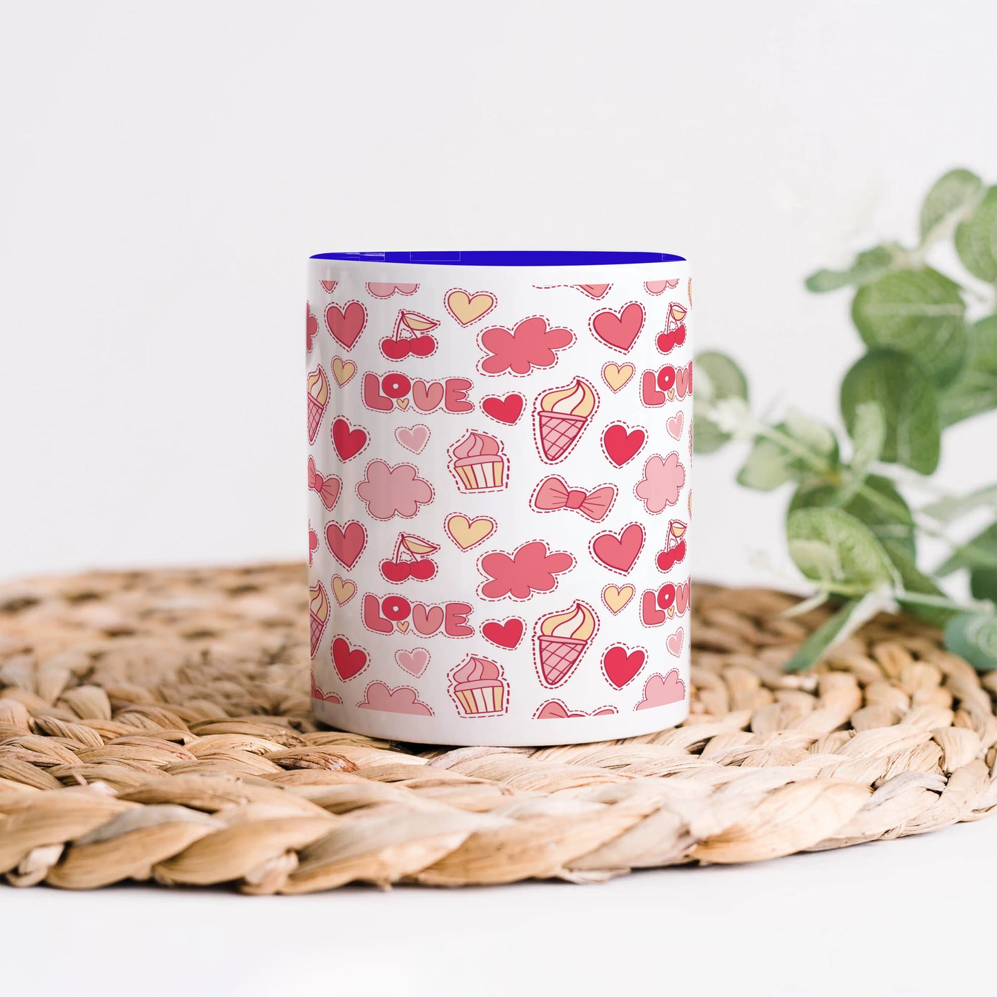 Retro pattern of decorative love elements design Dark Blue Handle 330 ml Coffee Mug