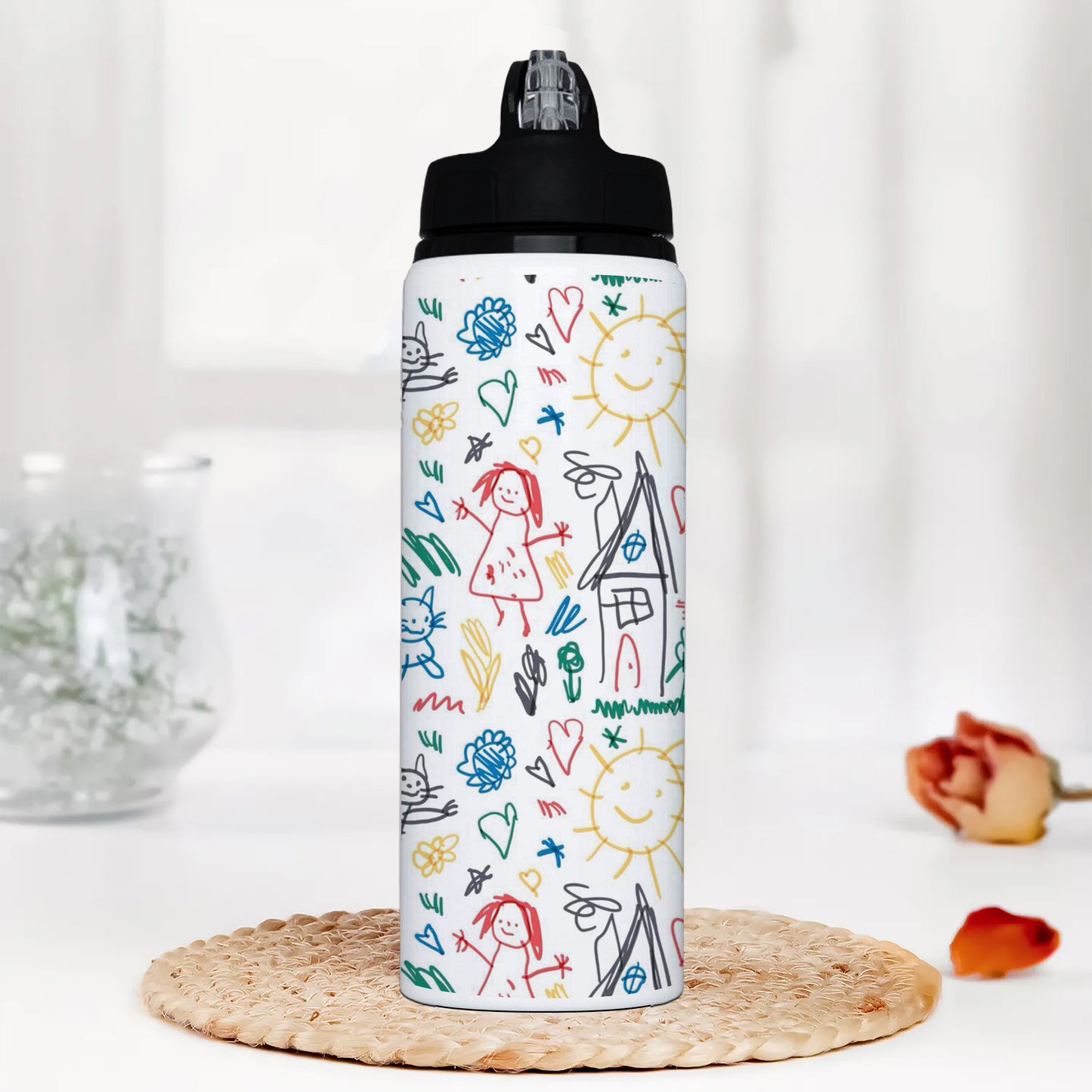 Seamless Pattern with Kids Illustrations Printed Black Nozzle Water Bottle 750 ml For Gym, Yoga, Kids, Boys, Girls, Brother, Sister, Babies, Baby, Workout, Adults