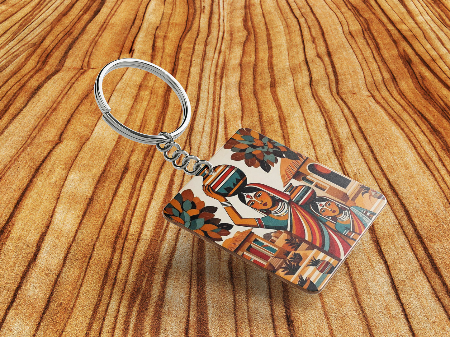 Village Woman royalty illustration Printed Square Shape Wooden Keyring with Chain