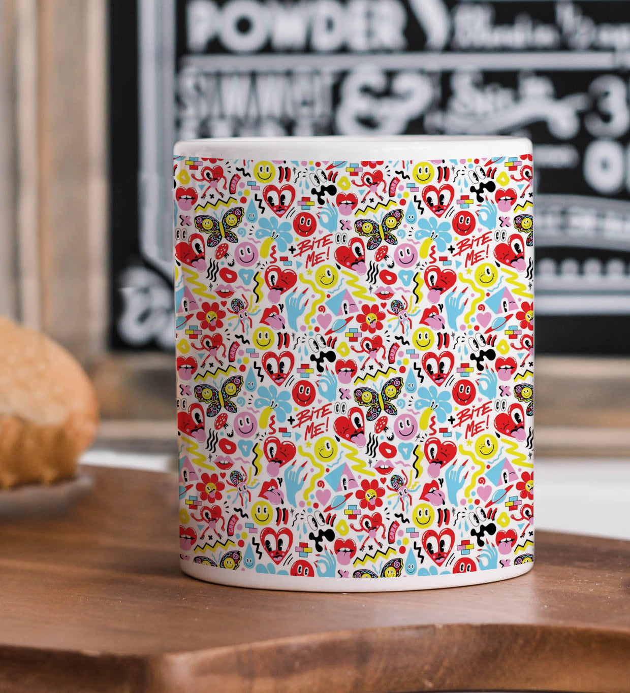 Love Elements Pattern Printed 330 ml White Coffee Mug with Square Shape Wooden Keyring and Chain