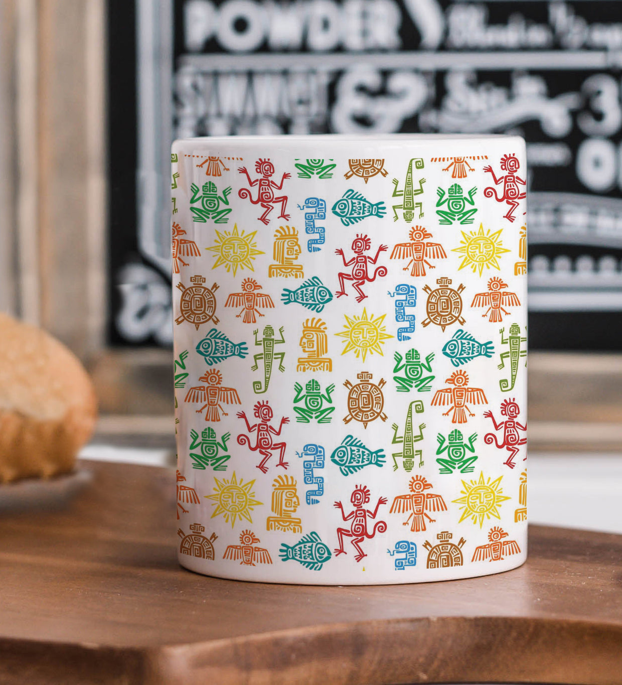 Maya Aztec Totems Seamless Pattern Printed 330 ml White Coffee Mug with Square Shape Wooden Keyring and Chain