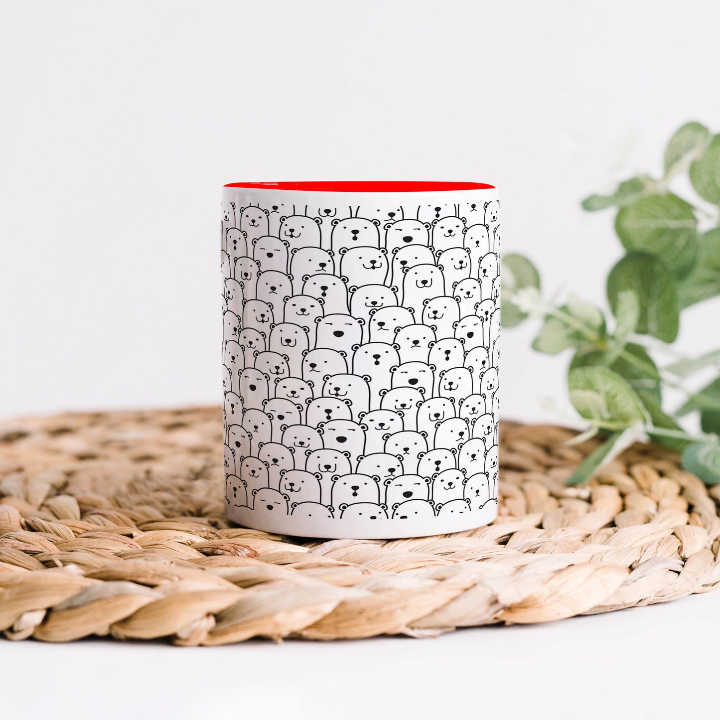 Black in white bear Doodle hand drawn pattern Red Handle 330 ml Coffee Mug
