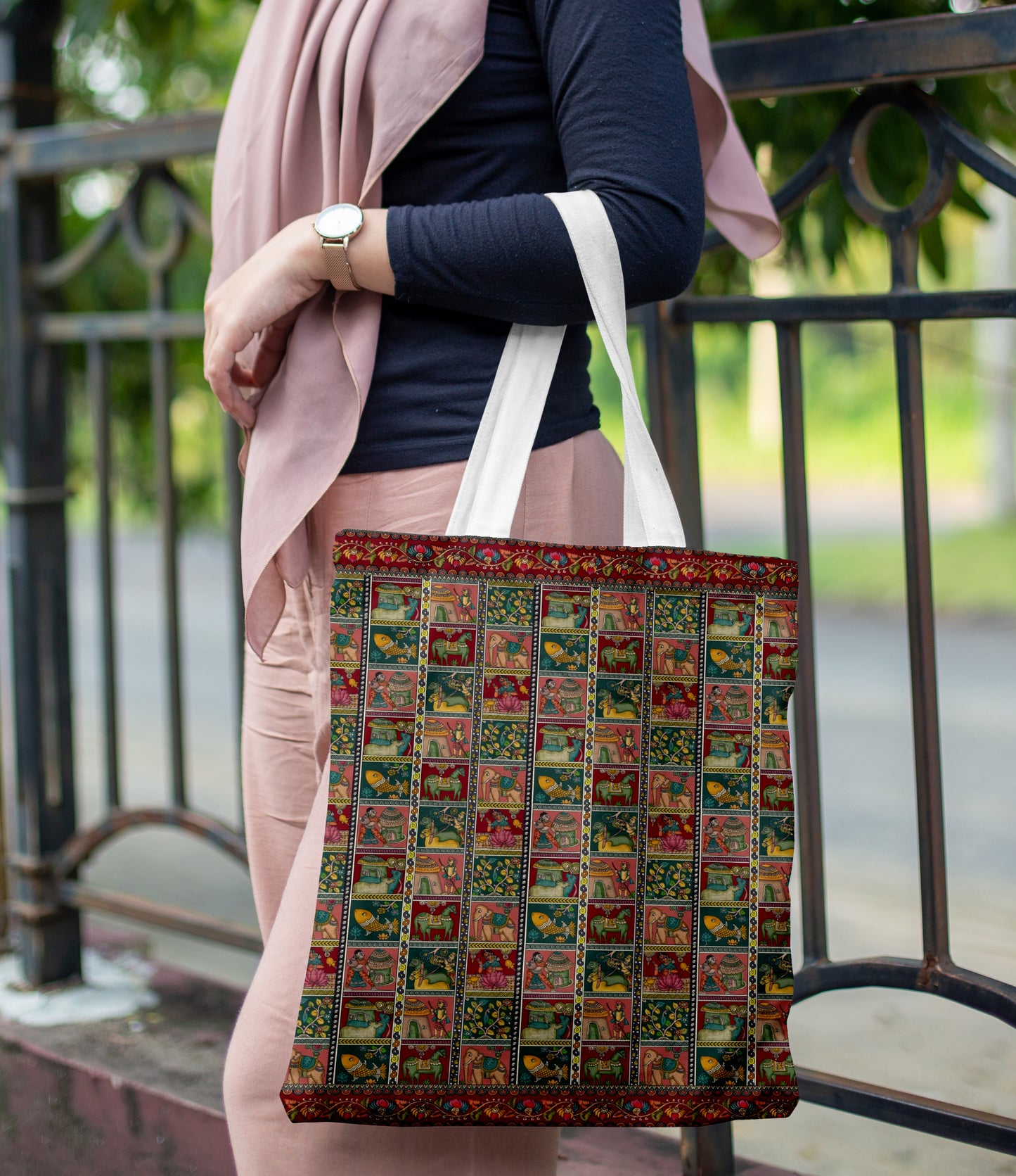 People and Animals Kalamkari pattern Printed Design White Tote Bag (14 X 16 Inches) For Shopping, College, Travel