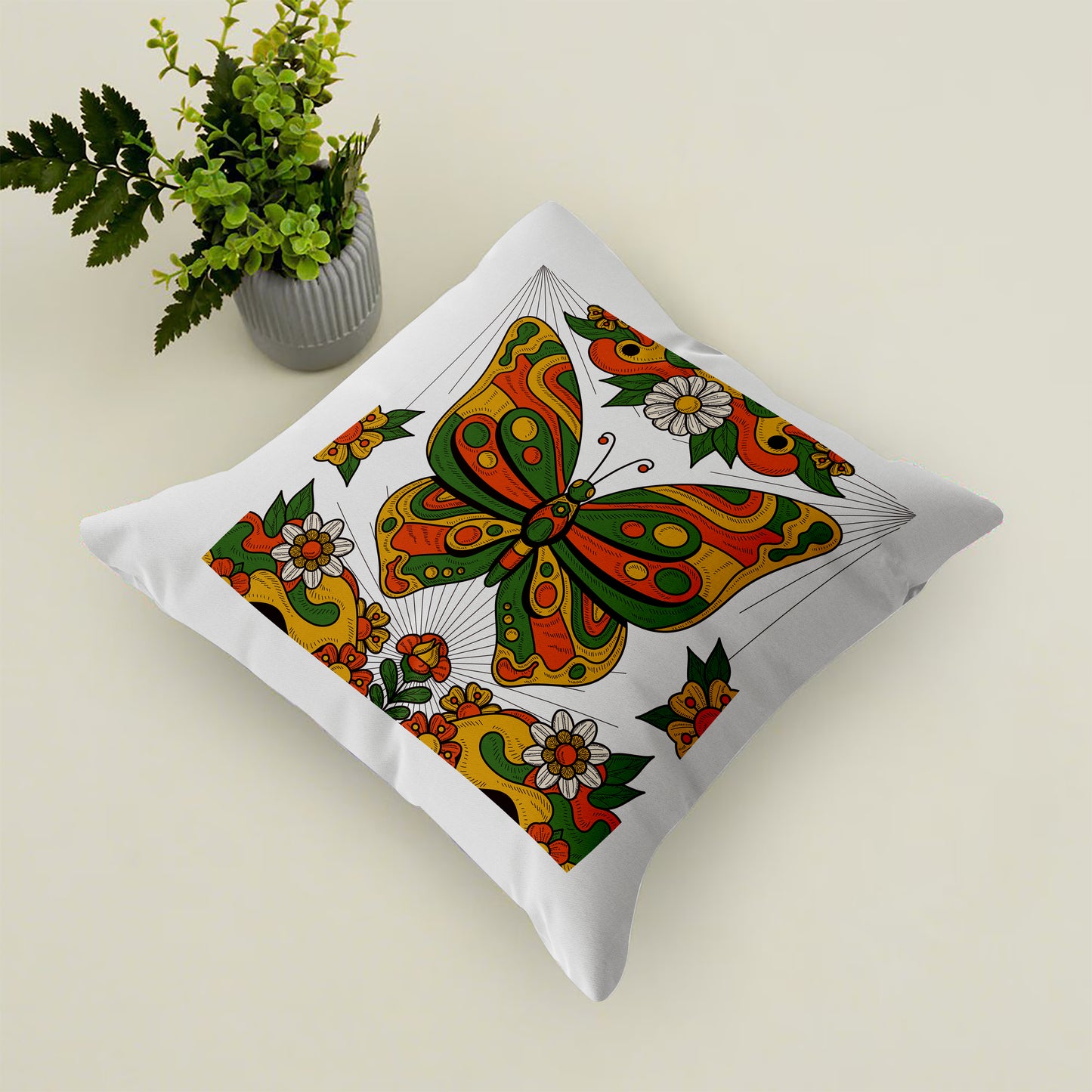 Hand Drawn Retro Butterfly Design Cushion (12x12 inches) Pack of 1