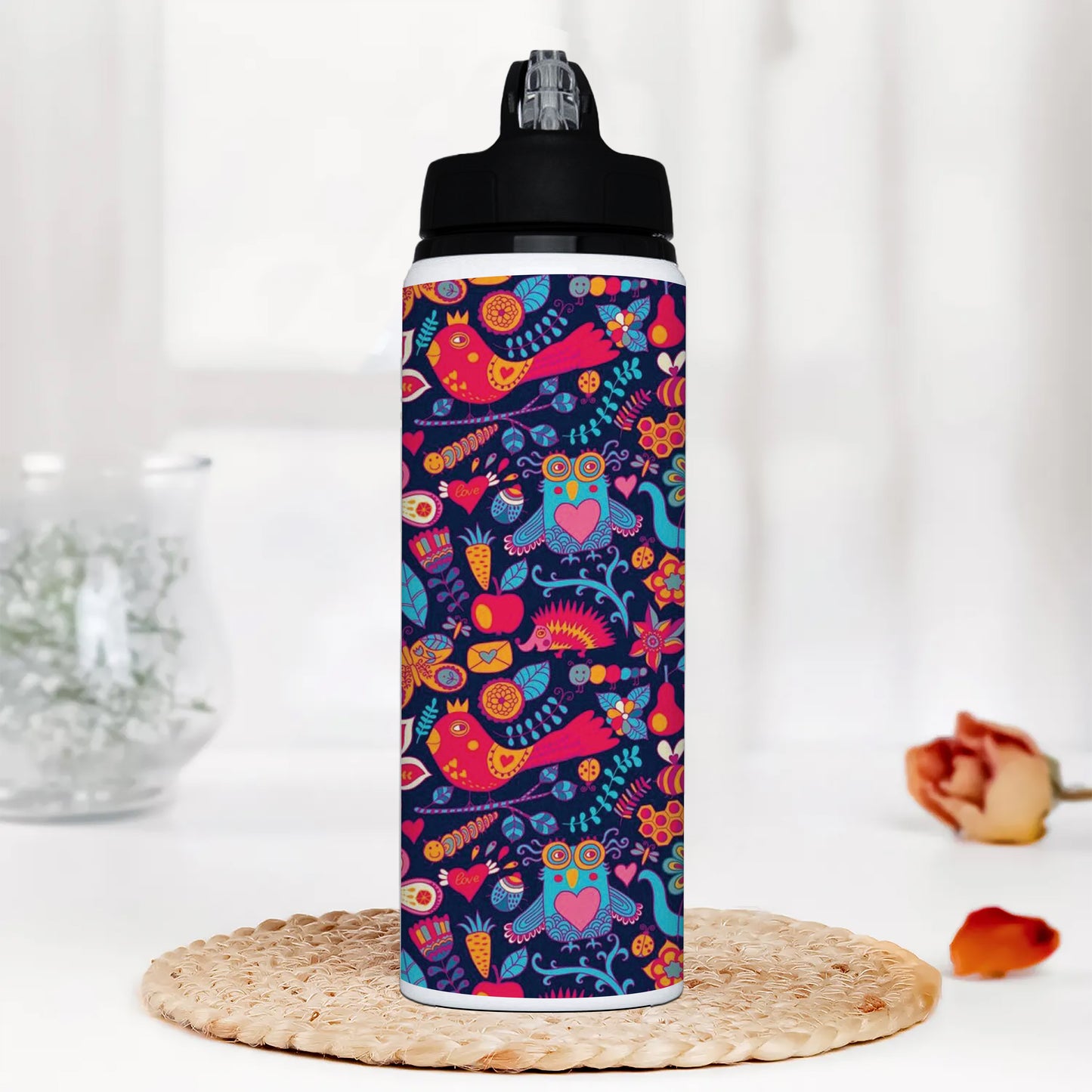 Owl, rabbit, butterfly, hedgehog Forest seamless pattern Printed Black Nozzle Water Bottle 750 ml For Gym, Yoga, Kids, Boys, Girls, Brother, Sister, Babies, Baby, Workout, Adults