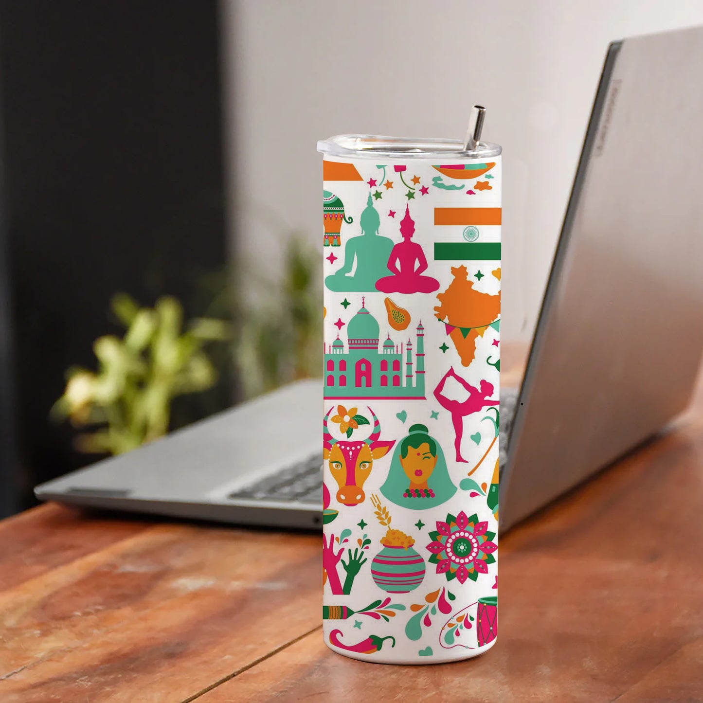 Indian architecture and Asian traditions set Pro Vector Printed 750ML with Lid Leak Proof Travel Tumbler with Straw