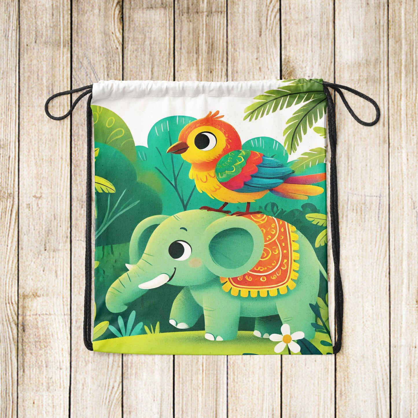 Adventure of Bird and Elephant Pattern Polyester String Backpack Bags for kids for Gym, Yoga, Tuition ,Beach Bag for 4-10 year boys and girls