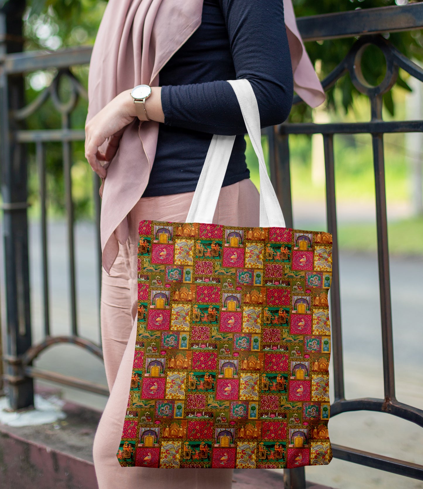 Kalamkari pattern Printed Design White Tote Bag (14 X 16 Inches) For Shopping, College, Travel