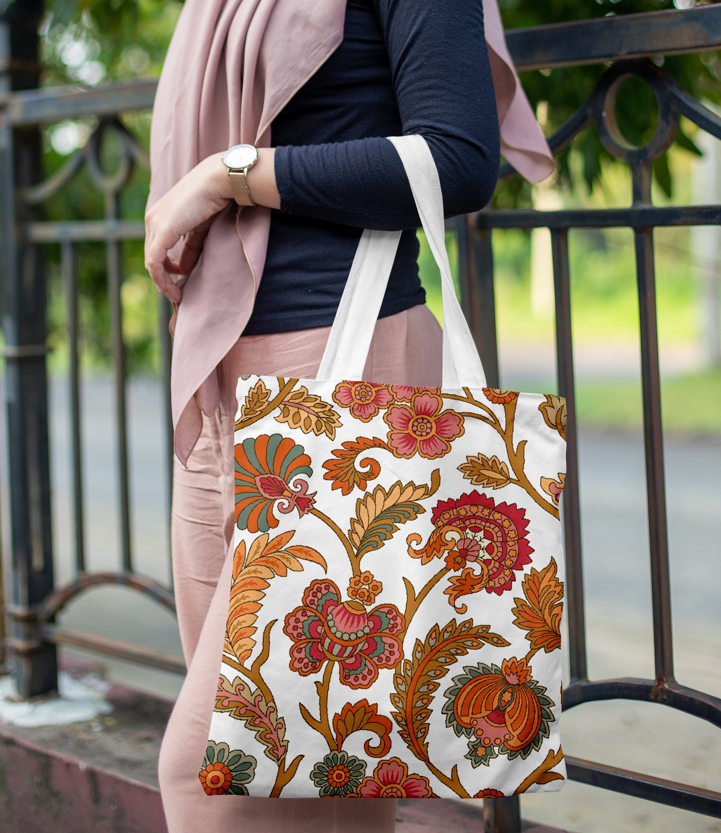 Floral art Printed Design White Tote Bag (14 X 16 Inches) For Shopping, College, Travel