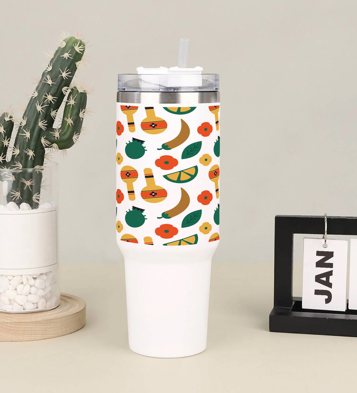 Flat patterns with traditional mexican elements 1 Printed 850ML with Lid Leak Proof Big Travel Tumbler with Handle and Straw