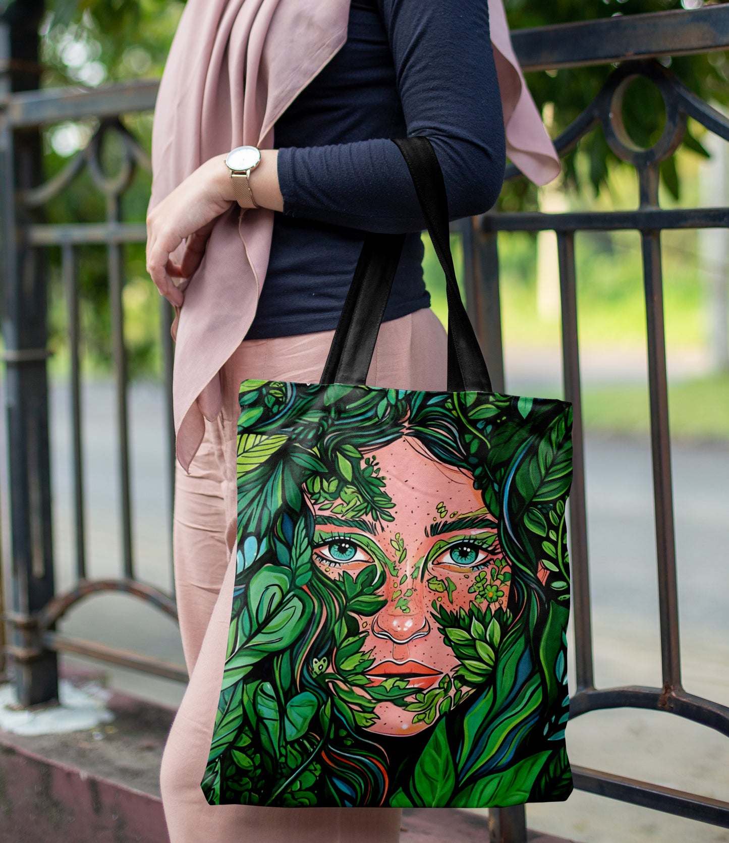 Nature and Girl Design Printed Black Handle Tote Bag (14 X 16 Inches) For Shopping, College, Travel