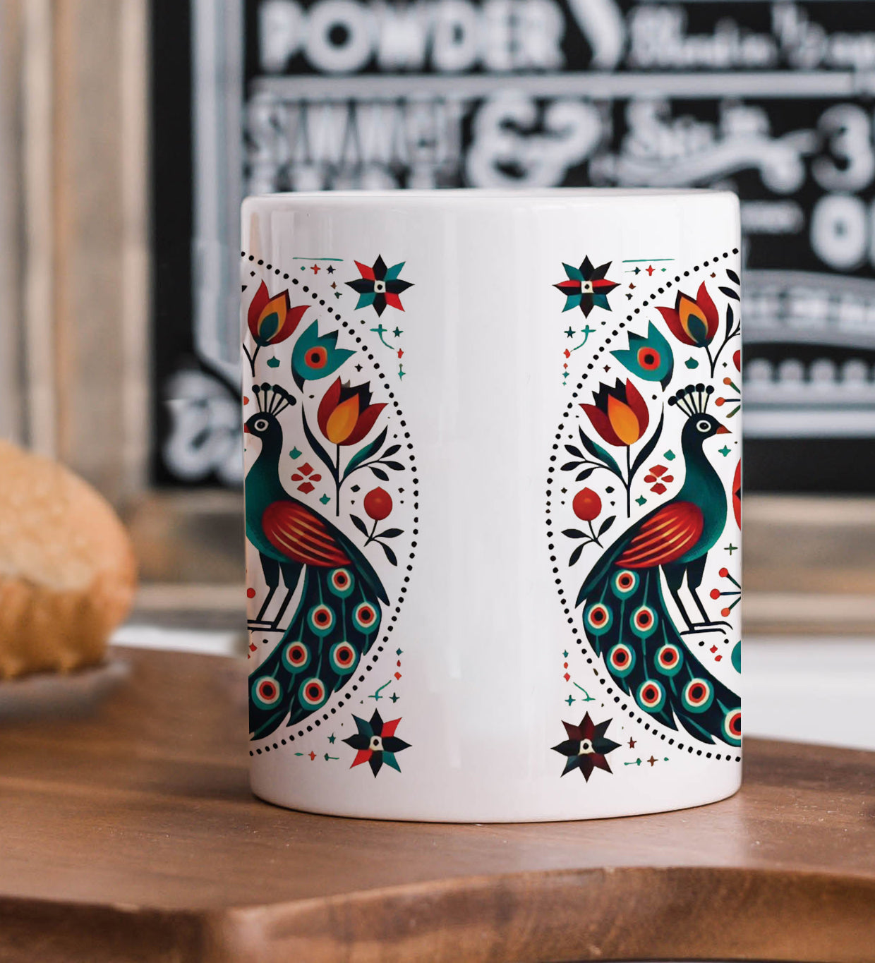 Pennsylvania Folk Art Pattern Printed 330 ml White Coffee Mug with Square Shape Wooden Keyring and Chain