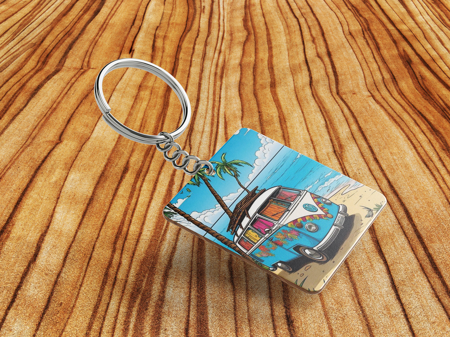 Camping Van on Morning Sun Beach Printed Square Shape Wooden Keyring with Chain