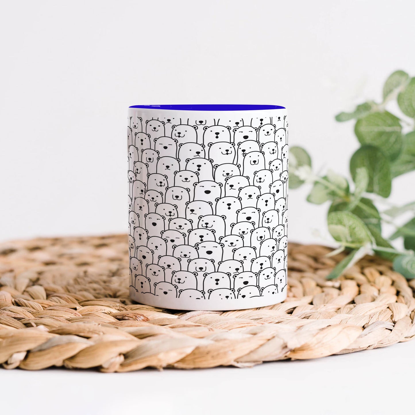 Black in white bear Doodle hand drawn pattern Dark Blue Handle 330 ml Coffee Mug