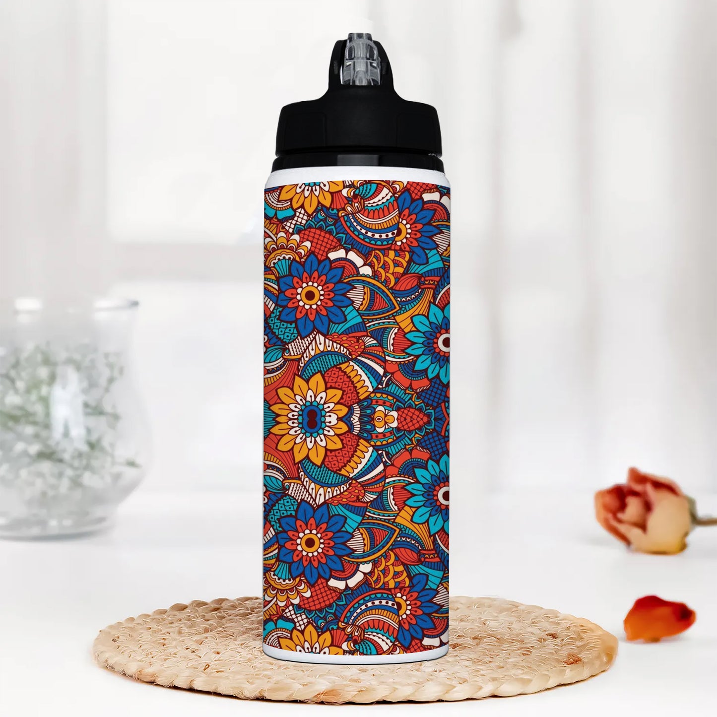 Hand drawn floral elements colorful ethnic seamless pattern Printed Black Nozzle Water Bottle 750 ml For Gym, Yoga, Kids, Boys, Girls, Brother, Sister, Babies, Baby, Workout, Adults
