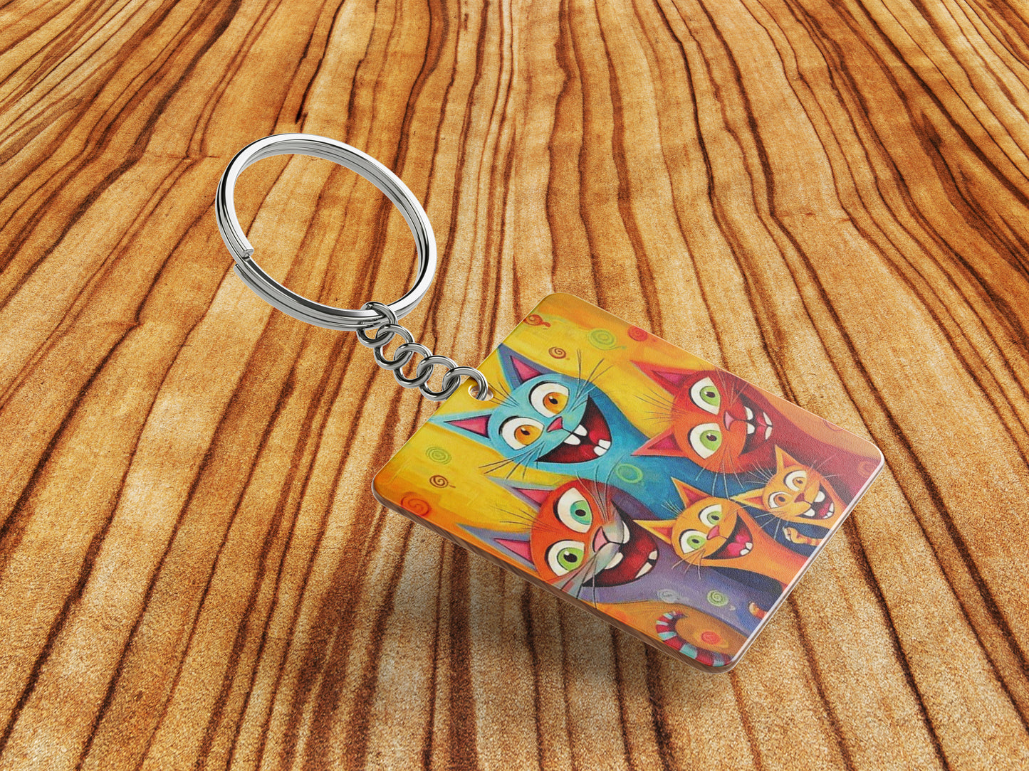Cartoon cat group watercolor Artwork Printed Square Shape Wooden Keyring with Chain