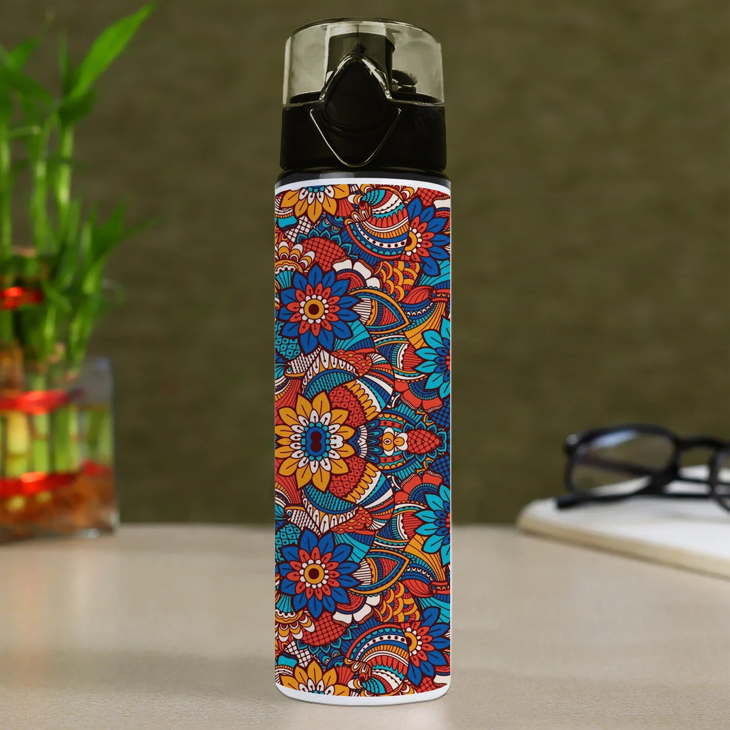 Hand drawn floral elements colorful ethnic seamless pattern Printed Flip Flop Water Bottle 750 ml For Gym, Yoga, Kids, Boys, Girls, Brother, Sister, Babies, Baby, Workout, Adults