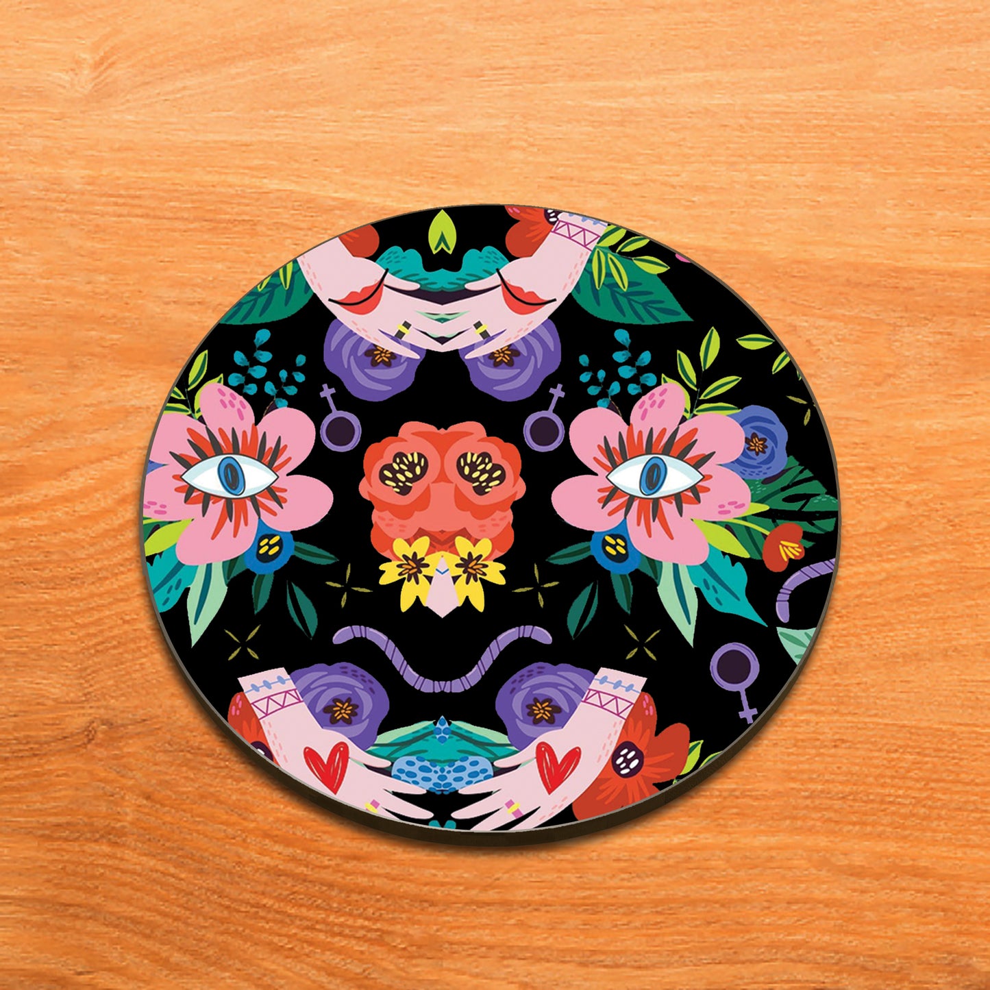 Flower and Eye pattern Design Full Black 330 ml Coffee Mug with Coaster