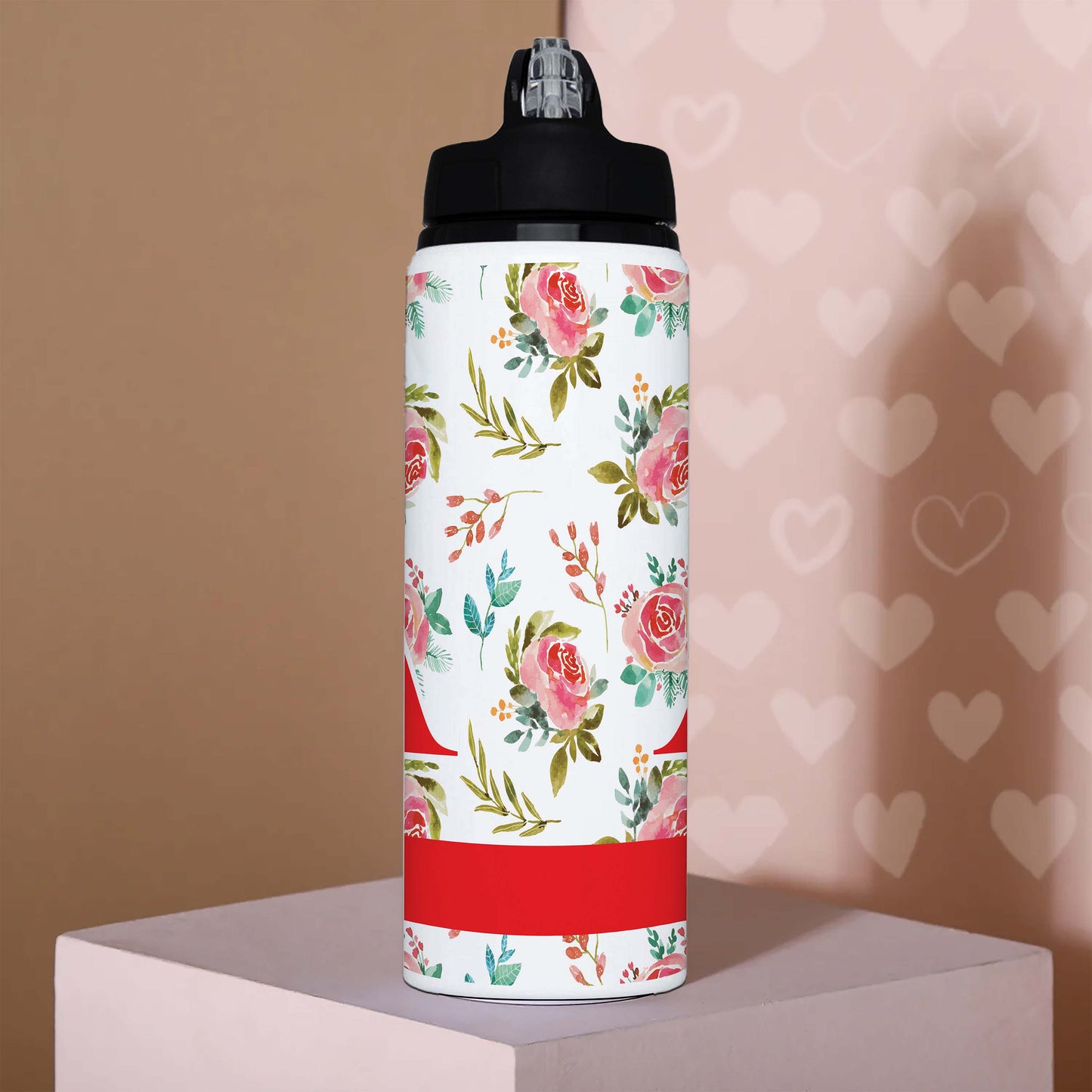 Personalised Floral Water Bottle with Lid & Straw