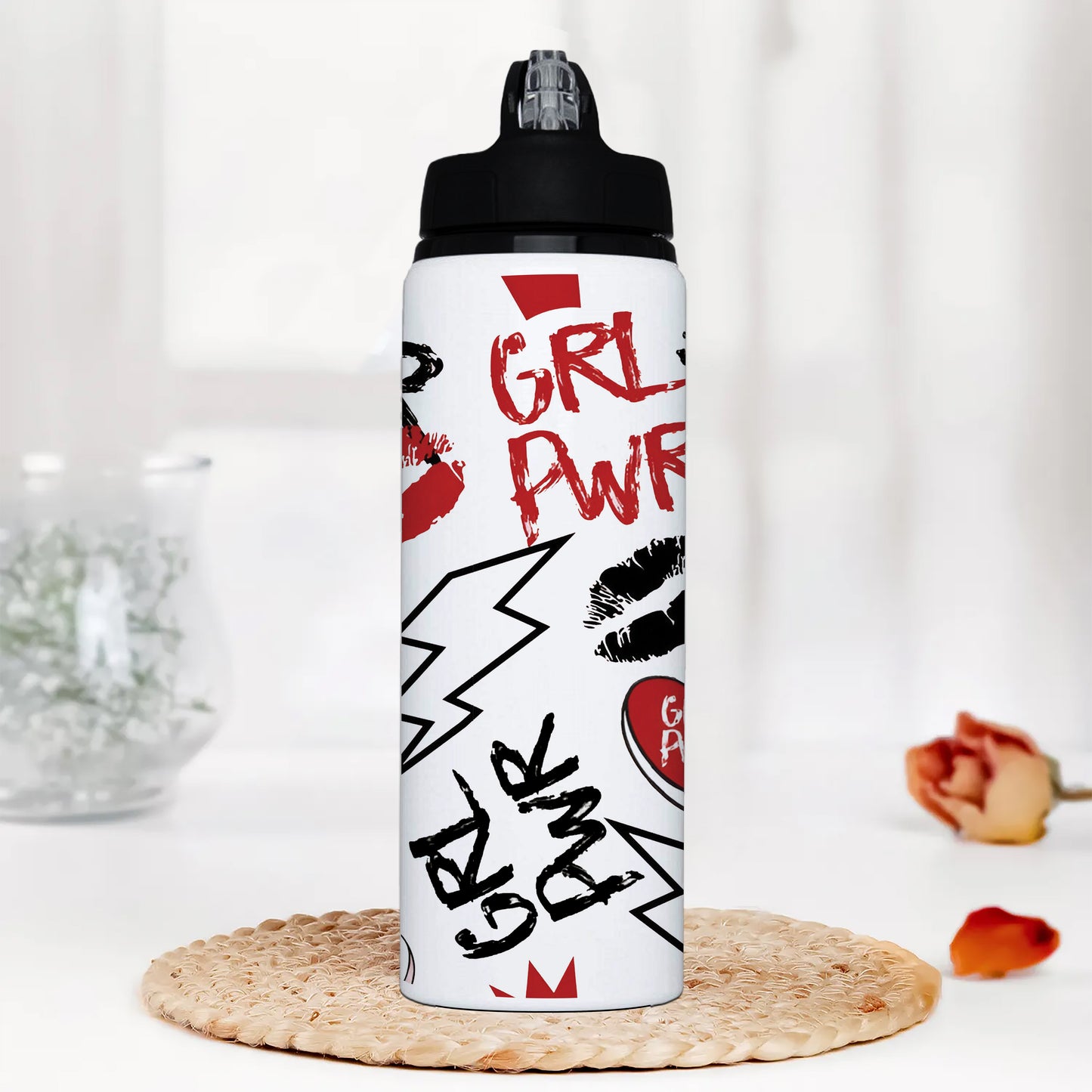 Girl power typography pattern Printed Black Nozzle Water Bottle 750 ml For Gym, Yoga, Kids, Boys, Girls, Brother, Sister, Babies, Baby, Workout, Adults