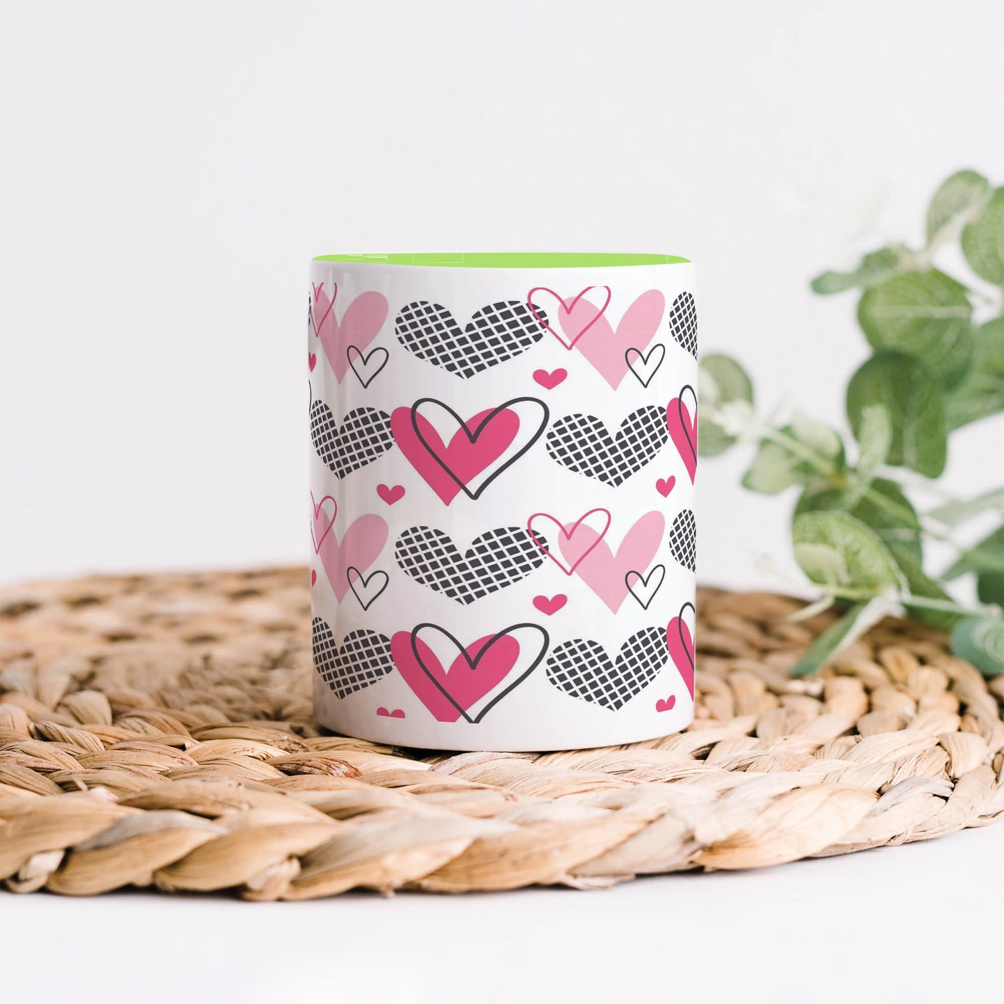 Hearts Pattern design Light Green Handle 330 ml Coffee Mug