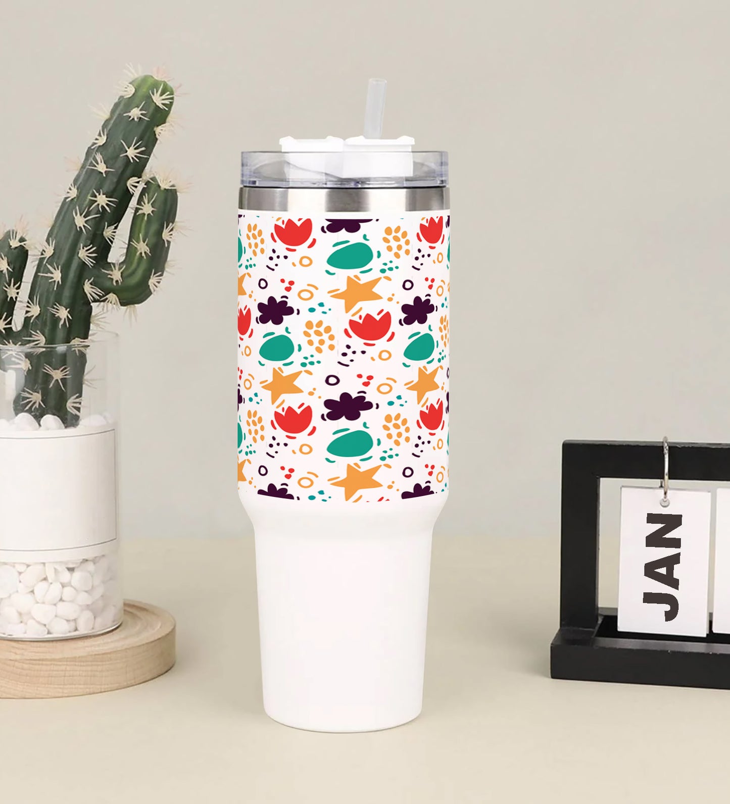 Abstract hand drawn pattern Printed 850ML with Lid Leak Proof Big Travel Tumbler with Handle and Straw