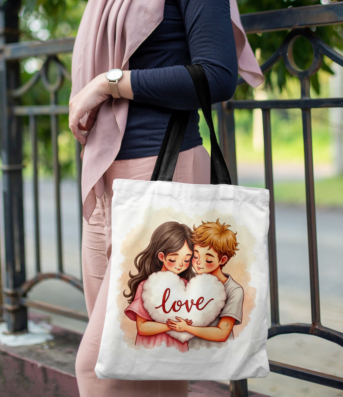 Cute Couple Vector Art Design Printed Black Handle Tote Bag (14 X 16 Inches) For Shopping, College, Travel