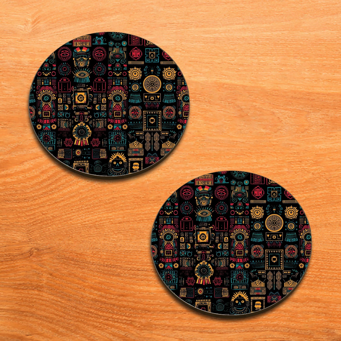Aztec Wheel Pattern Combo Mugs and Coaster(Set of 2 Mugs and 2 coasters) 330 ml Full Black Coffee Mug
