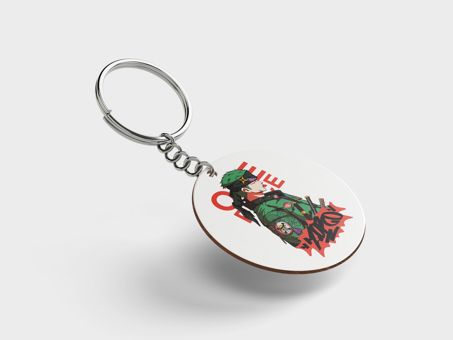 ZORO One Piece Streetwear Essential Design Printed Circle Shape Wooden Keyring with Chain