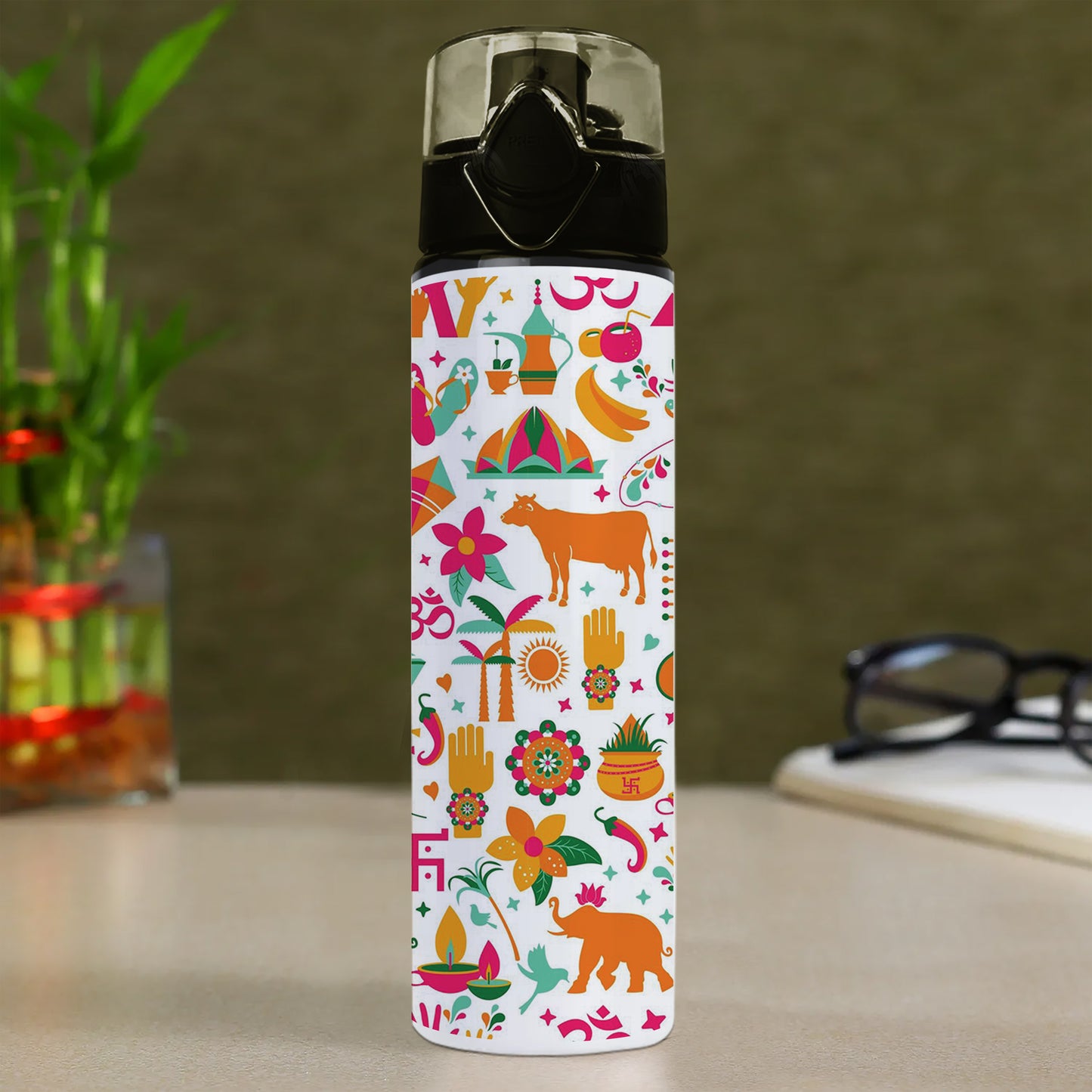 Indian architecture and Asian traditions set Pro Vector Printed Flip Flop Water Bottle 750 ml For Gym, Yoga, Kids, Boys, Girls, Brother, Sister, Babies, Baby, Workout, Adults