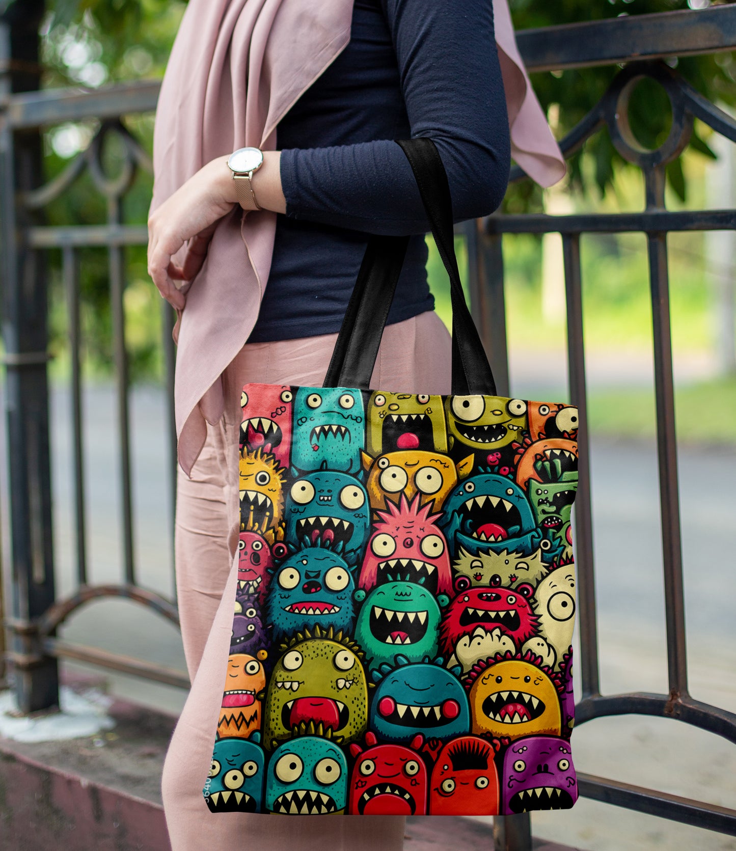 Funny Monsters Pattern Printed Black Handle Tote Bag (14 X 16 Inches) For Shopping, College, Travel