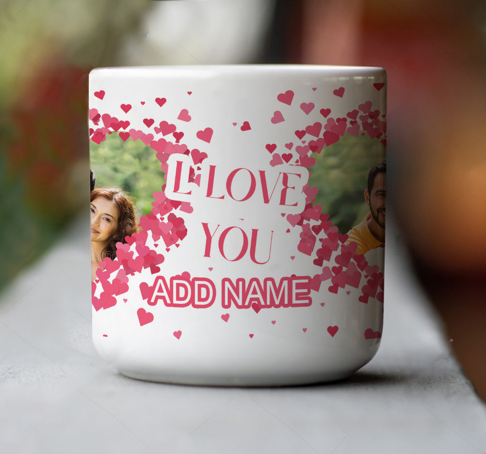 Couple Personalized Add Two Photos Magic Inner Heart Cut Handle 330 ml Coffee Mug