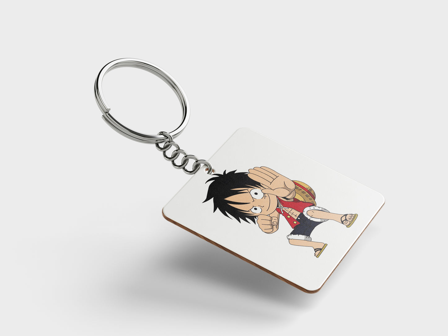 Child Monkey D Luffy Sticker Printed Square Shape Wooden Keyring with Chain