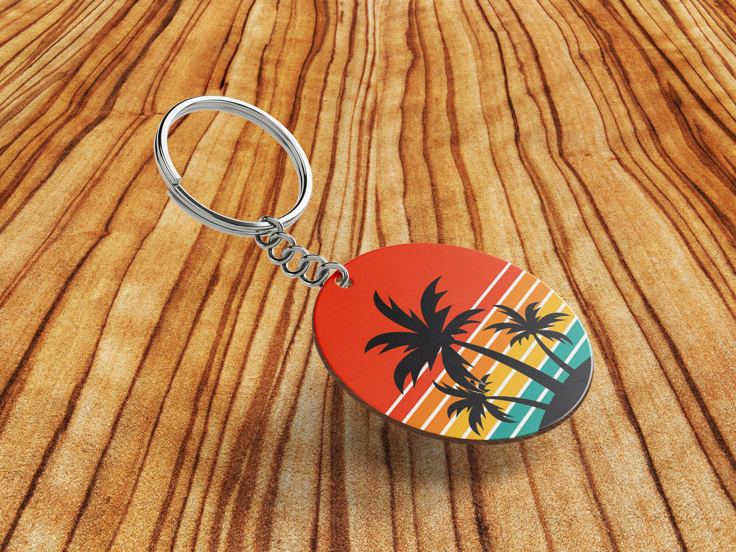 Sunset palm tree vintage vector illustration Printed Round Circle Shape Wooden Keyring with Chain