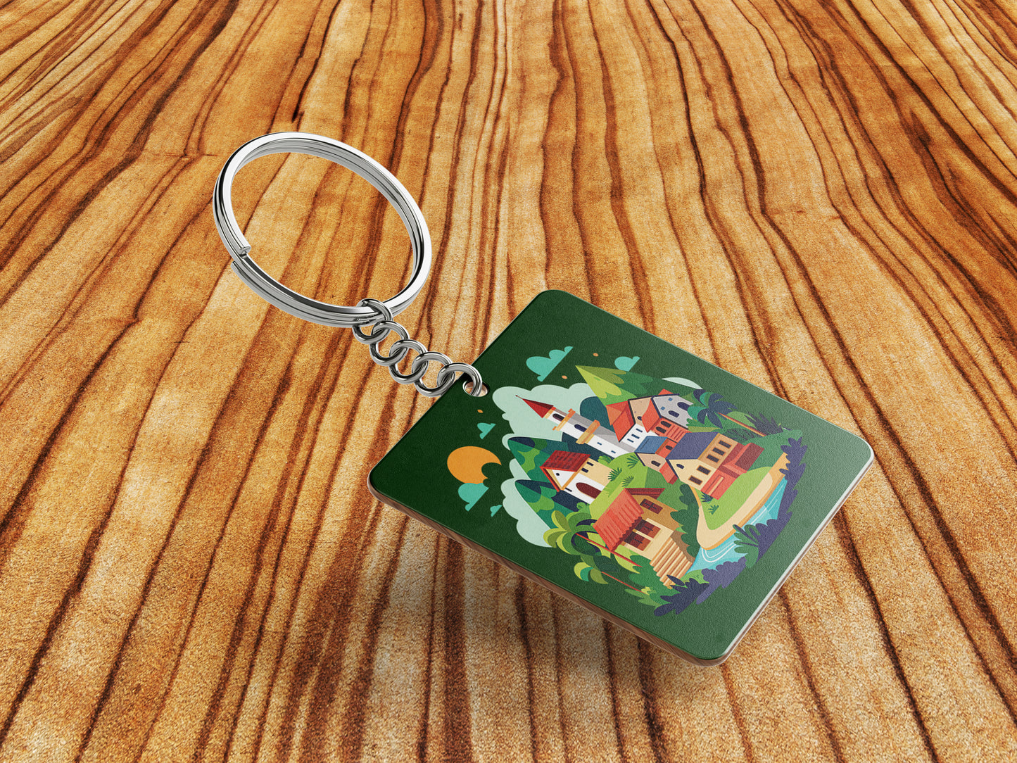 A Cartoon Illustration of a Fantasy Landscape with a Waterfall a Castle and a Mountain Printed Square Shape Wooden Keyring with Chain