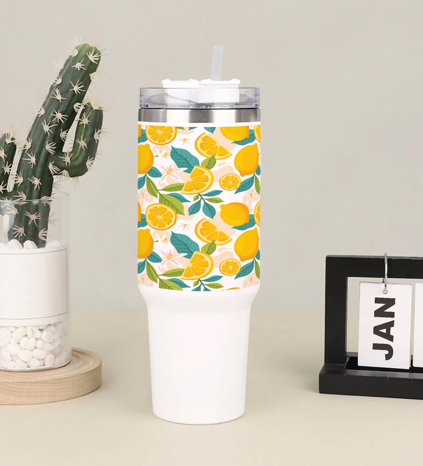 Hand drawn fruit and floral design Printed 850ML with Lid Leak Proof Big Travel Tumbler with Handle and Straw