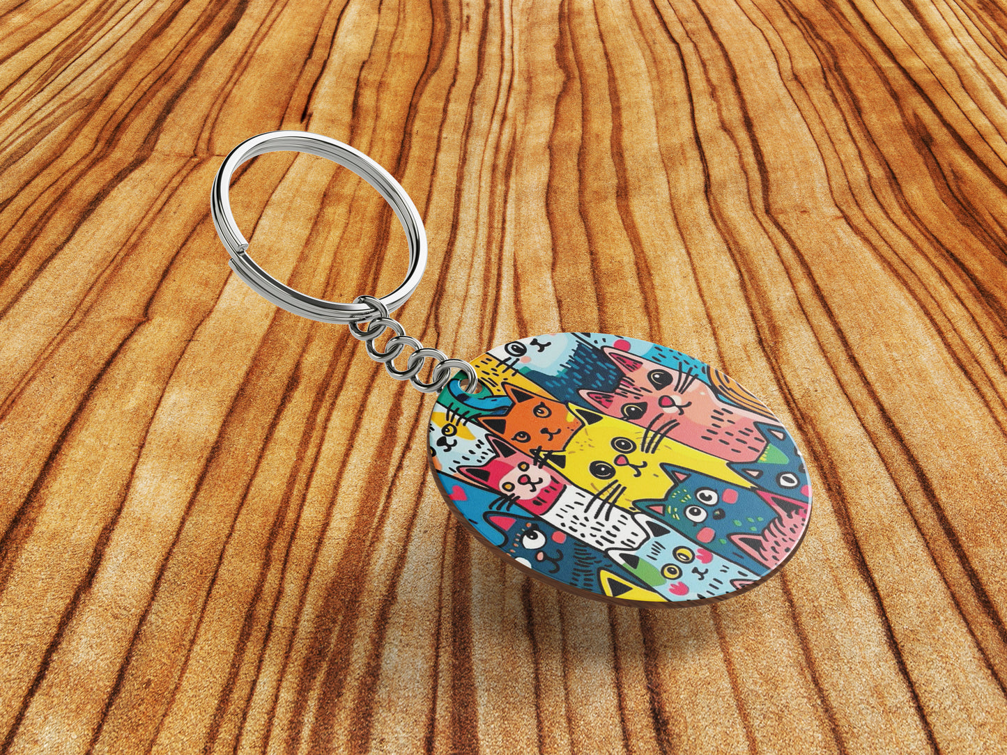 Colorful cat doodle art Printed Round Circle Shape Wooden Keyring with Chain
