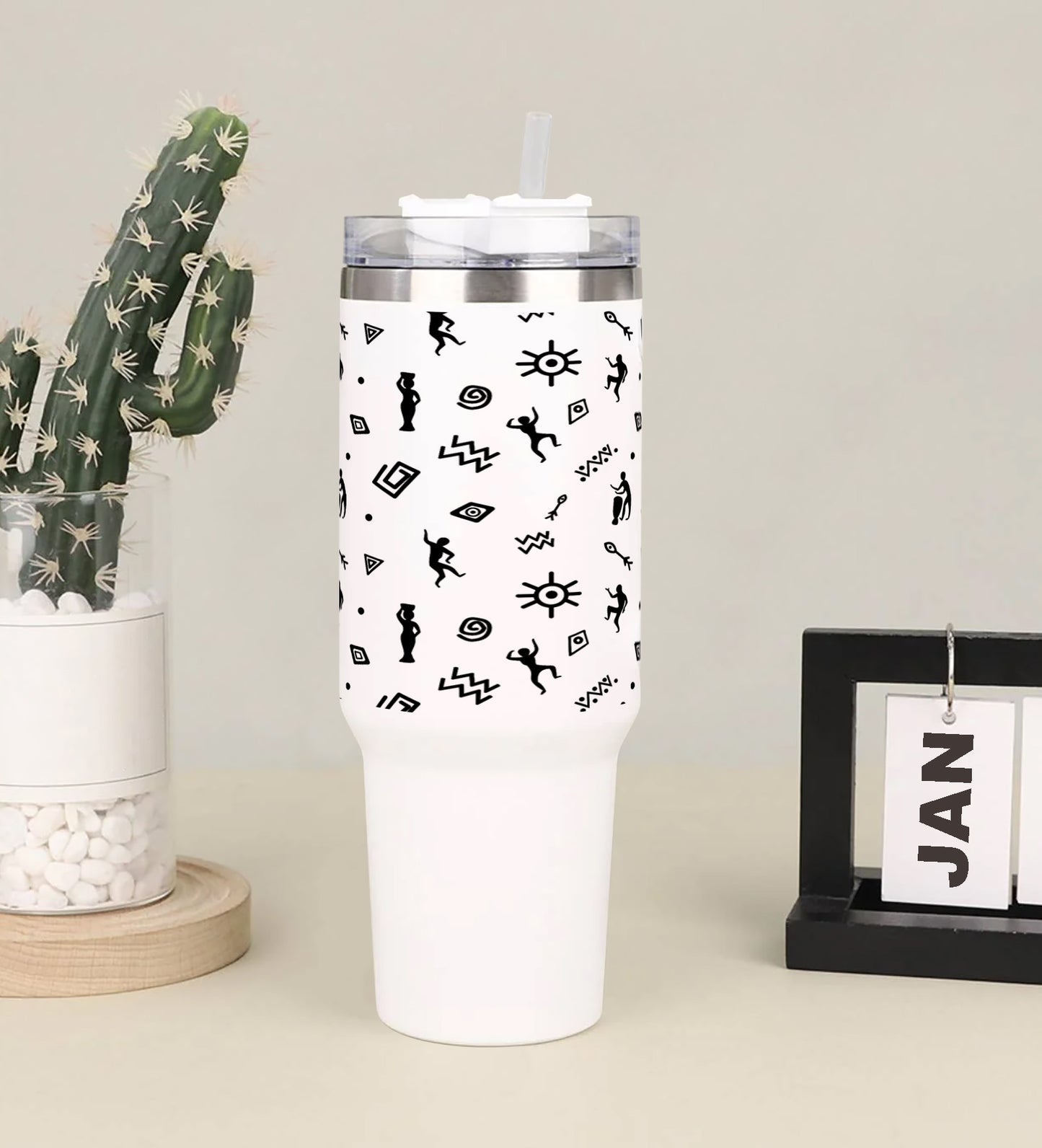 Nice flat african patterns design Printed 850ML with Lid Leak Proof Big Travel Tumbler with Handle and Straw