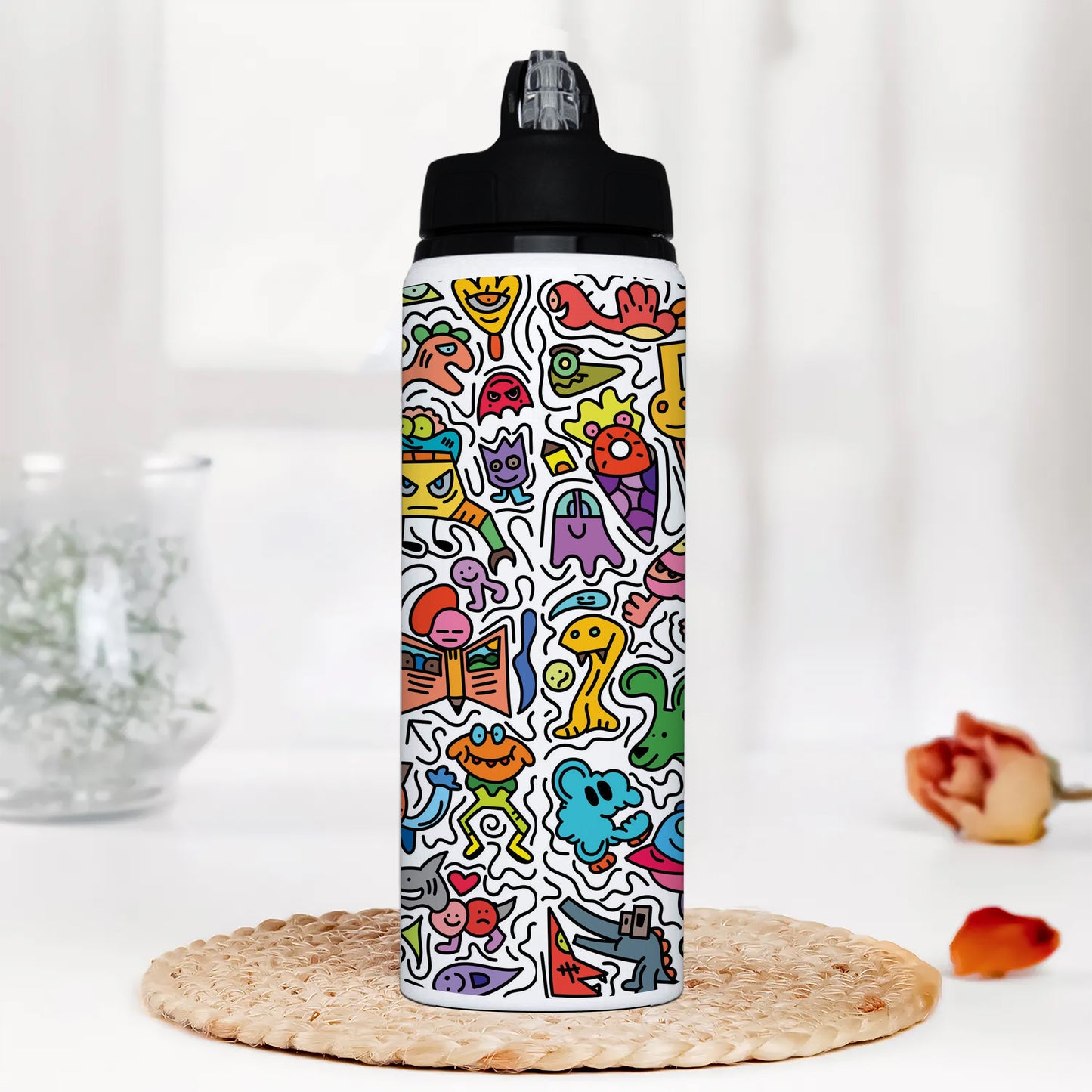 Cute colorfull doodle pattern Printed Black Nozzle Water Bottle 750 ml For Gym, Yoga, Kids, Boys, Girls, Brother, Sister, Babies, Baby, Workout, Adults
