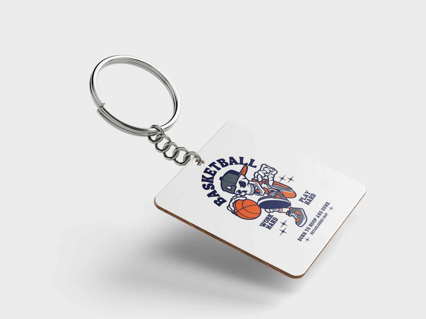 Basketball Skeleton Playing Basketball Halloween Printed Square Shape Wooden Keyring with Chain