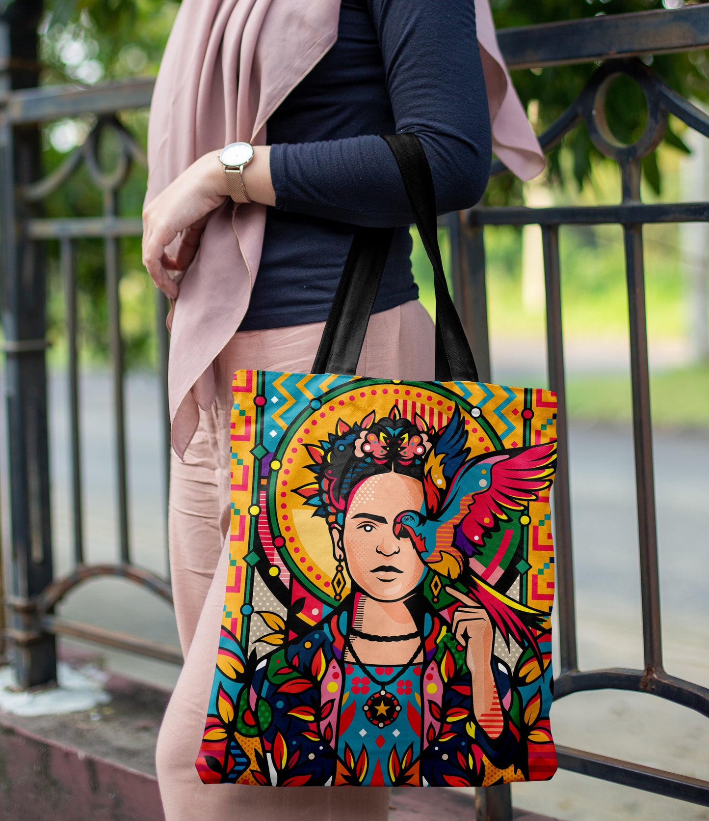 Indian Aesthetic Pop Art Design Printed Black Handle Tote Bag (14 X 16 Inches) For Shopping, College, Travel