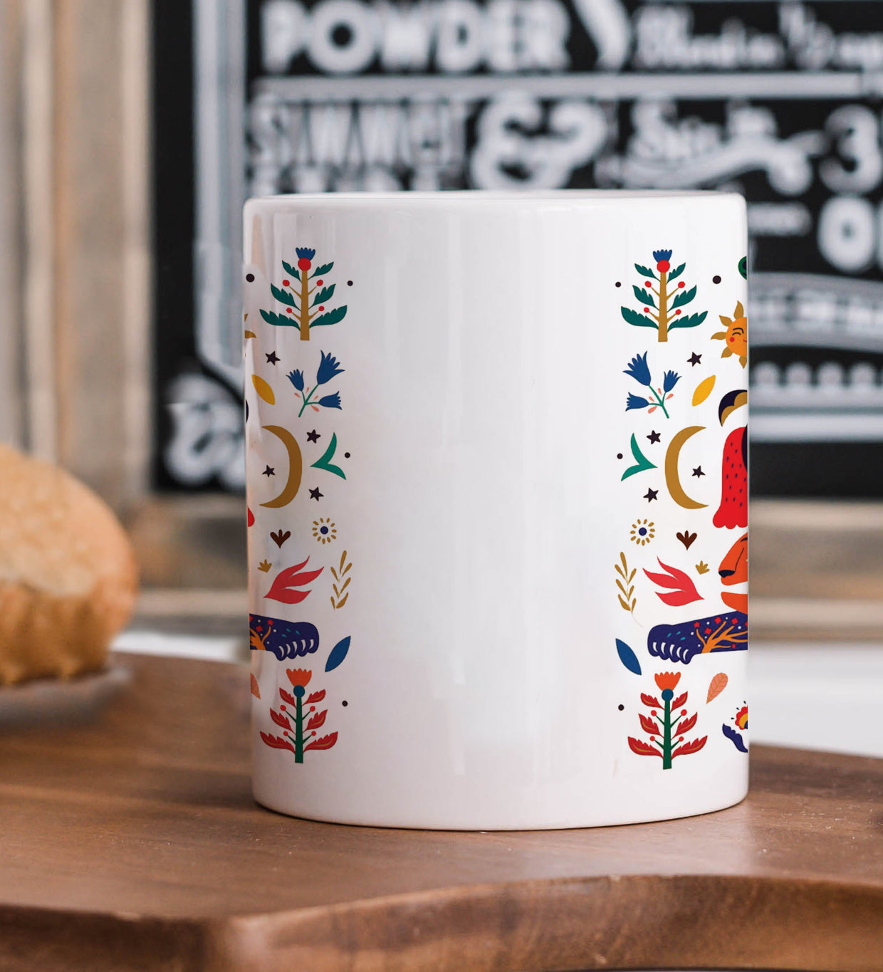 Tigers Illustration Pattern Printed 330 ml White Coffee Mug with Square Shape Wooden Keyring and Chain