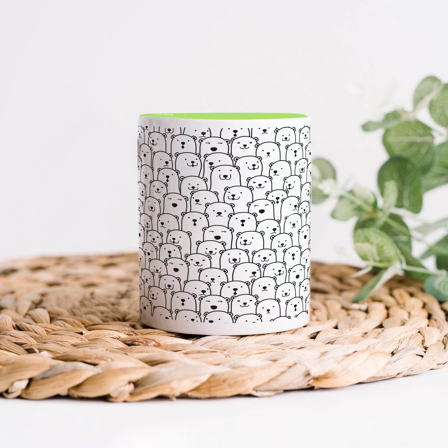 Black in white bear Doodle hand drawn pattern Light Green Handle 330 ml Coffee Mug