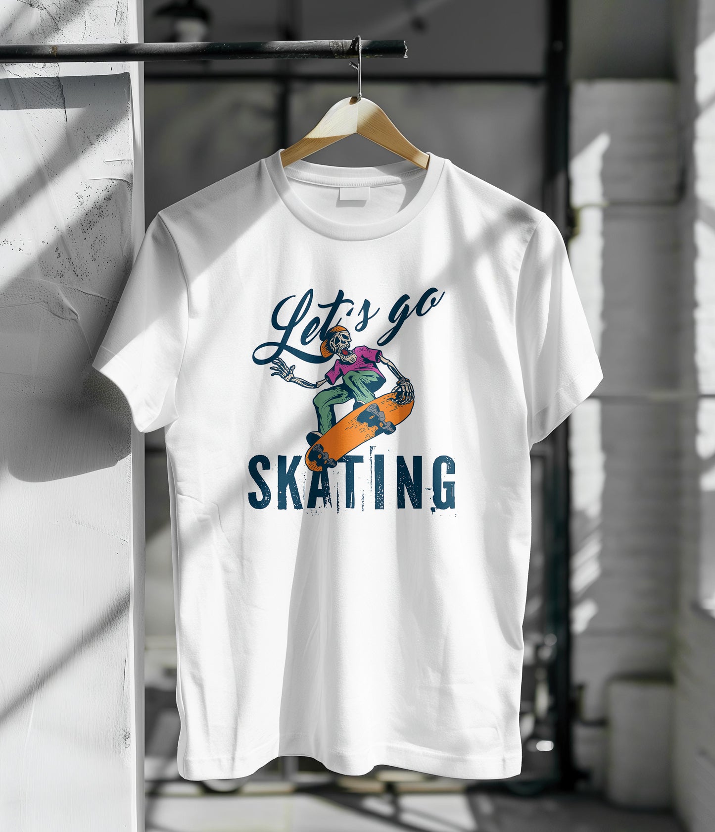 Skeleton playing skateboard illustration design Printed White Round Neck Polyester T Shirt for Mens and woman's