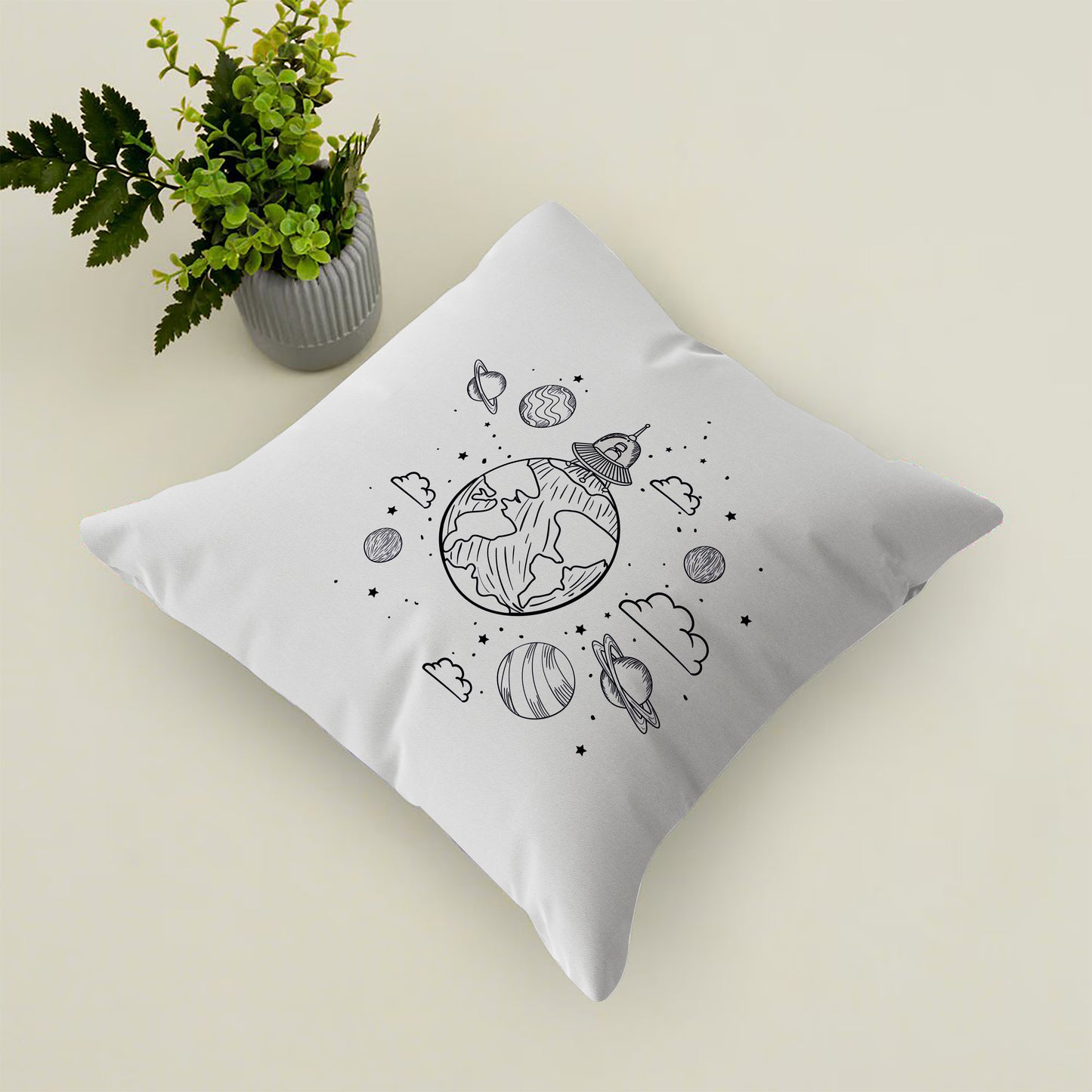 UFO and Planet Design Cushion (12x12 inches) Pack of 1
