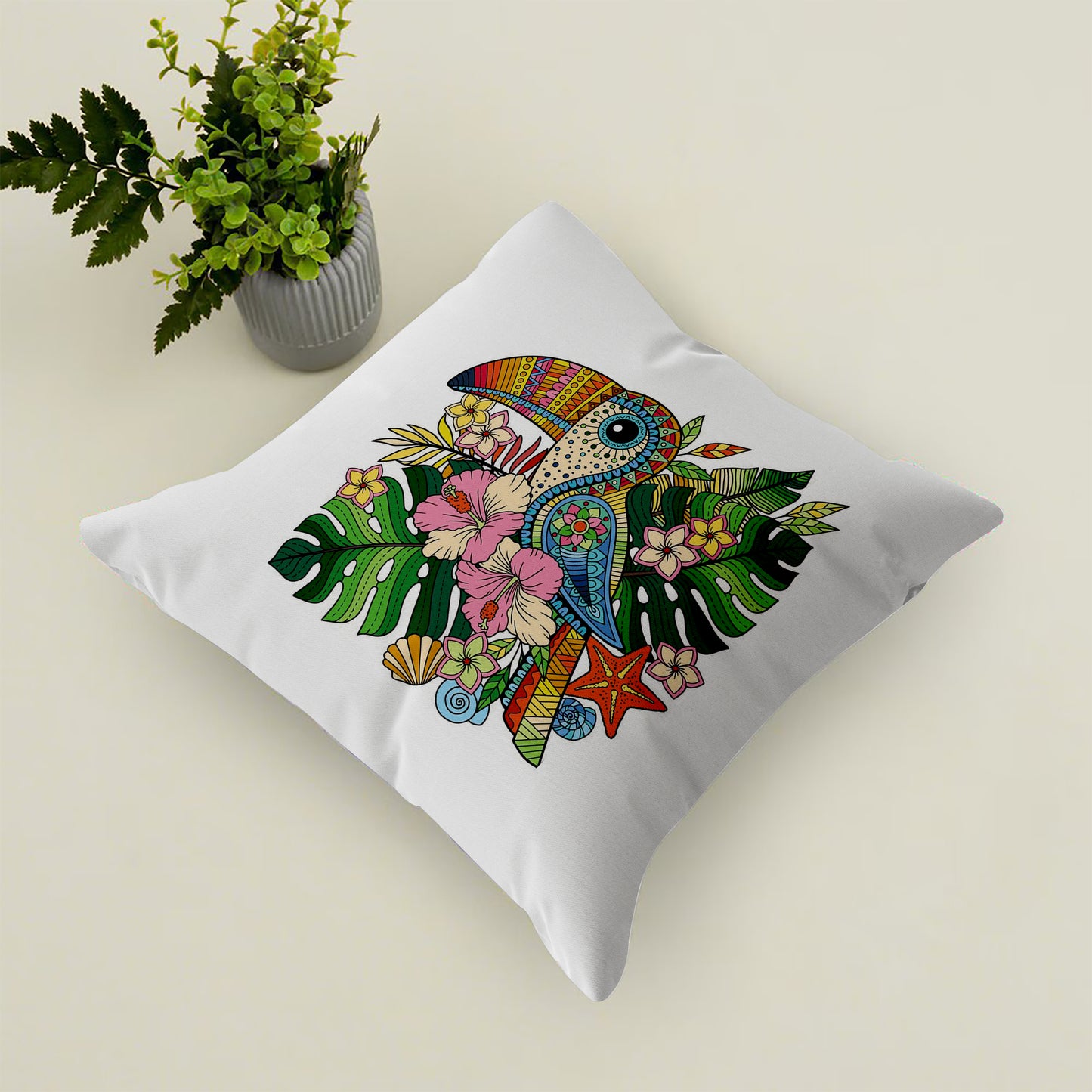 Colorful Mandala Toucan Art Cushion (12x12 inches) Pack of 1