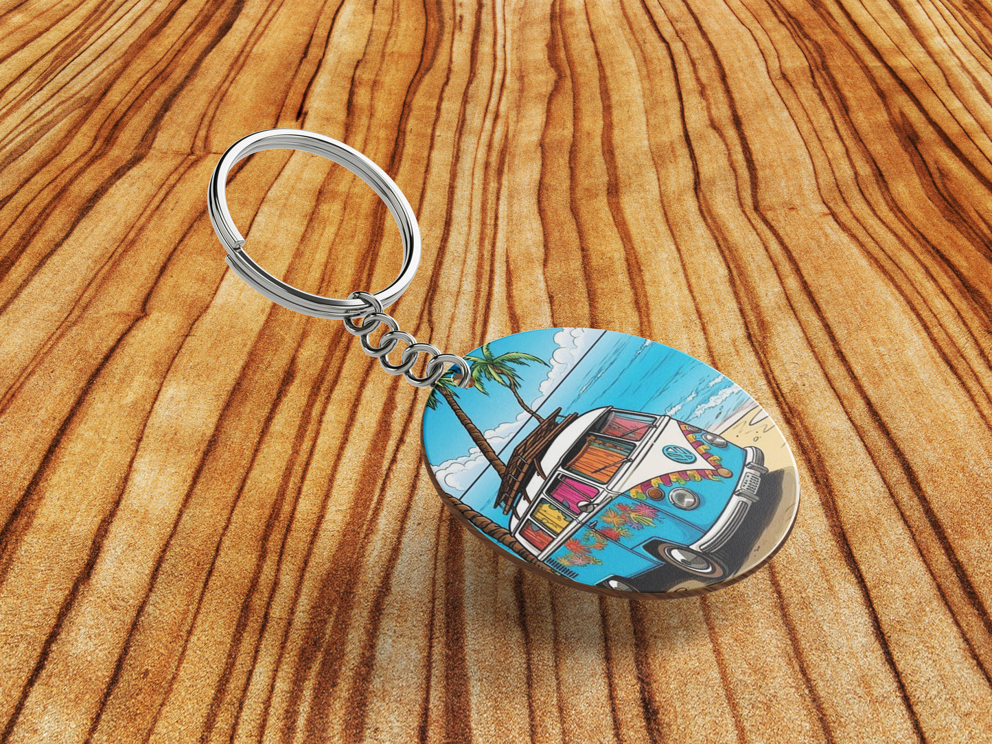 Camping Van on Morning Sun Beach Printed Round Circle Shape Wooden Keyring with Chain
