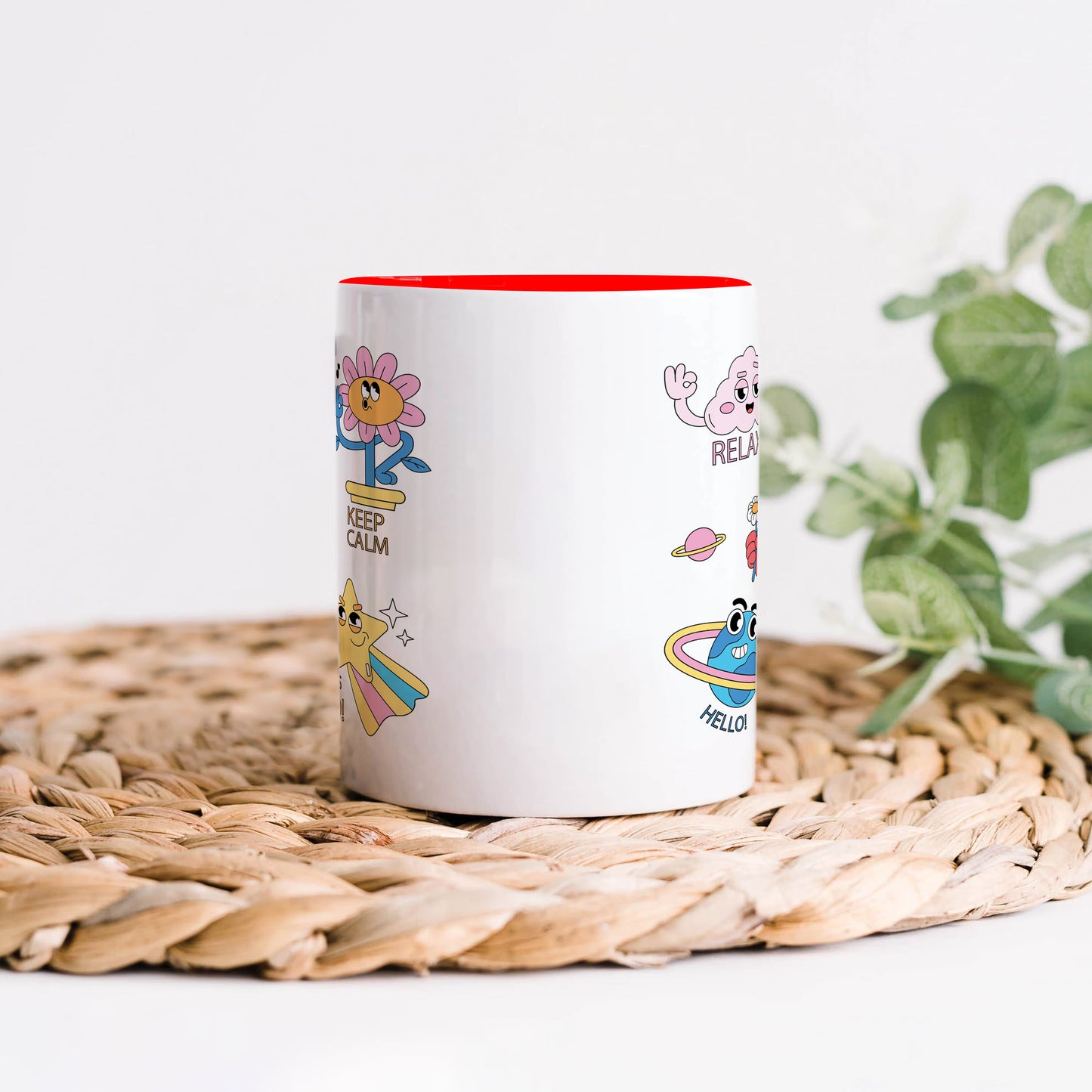 Hand drawn trendy cartoon badges design Red Handle 330 ml Coffee Mug